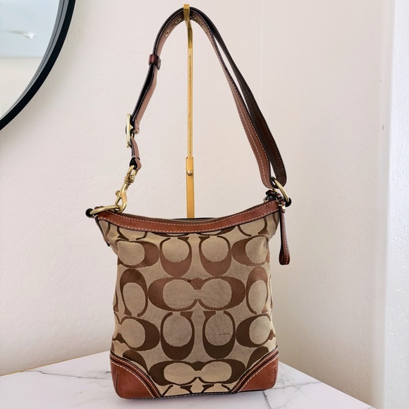 Coach Brown Leather Signature C Hampton Canvas Stripe Shoulder Bag Handbag 10542 - Picture 6 of 11